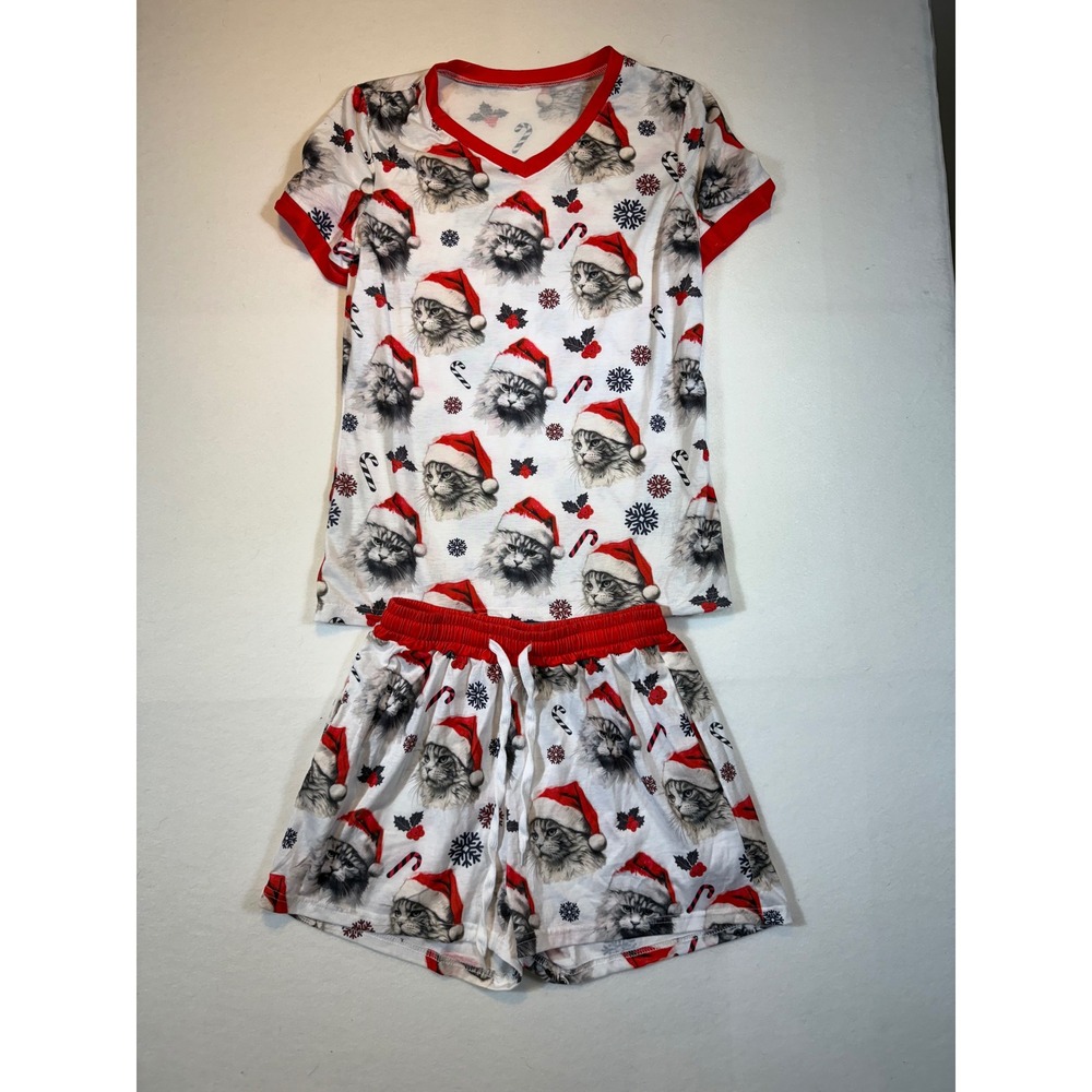 Womens Christmas Pajama Set Cat Santa Holiday Sleepwear Lounge Red White